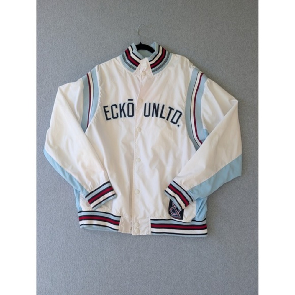 Ecko Unltd Jacket Mens XL White Blue Red Varsity Windbreaker Rhyme & Reason Y2K